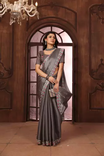 grey organza embroidered work saree with unstitched blouse piece