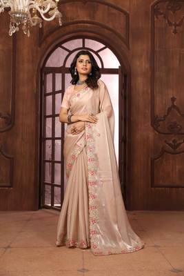 peach organza embroidered work saree with unstitched blouse piece 1