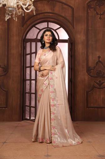peach organza embroidered work saree with unstitched blouse piece