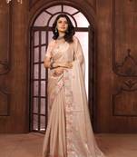 peach organza embroidered work saree with unstitched blouse piece
