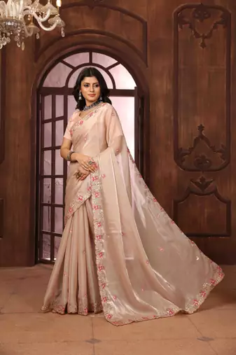 peach organza embroidered work saree with unstitched blouse piece