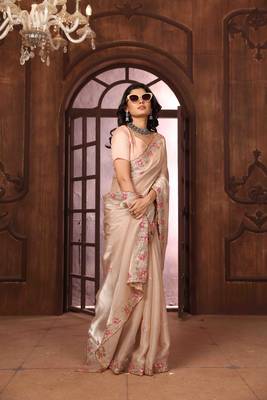 peach organza embroidered work saree with unstitched blouse piece 3
