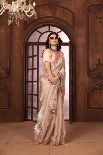 peach organza embroidered work saree with unstitched blouse piece