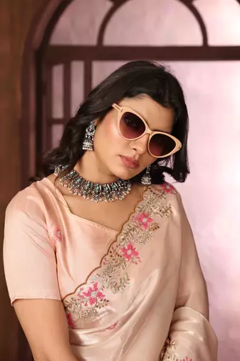 peach organza embroidered work saree with unstitched blouse piece