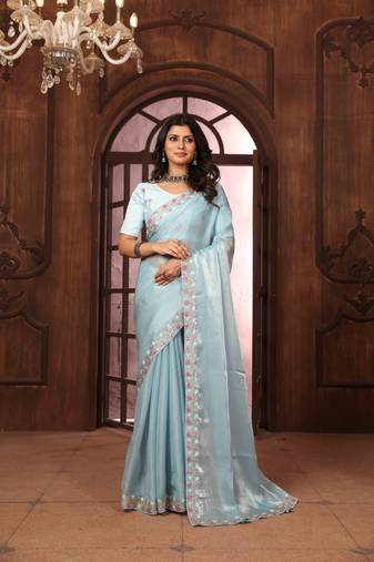 sky blue organza embroidered work saree with unstitched blouse piece