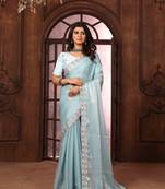sky blue organza embroidered work saree with unstitched blouse piece