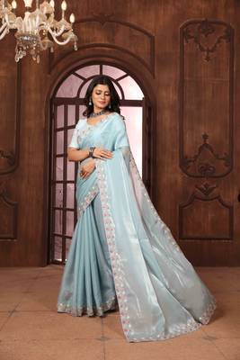 sky blue organza embroidered work saree with unstitched blouse piece 2