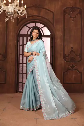 sky blue organza embroidered work saree with unstitched blouse piece