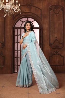 sky blue organza embroidered work saree with unstitched blouse piece 3