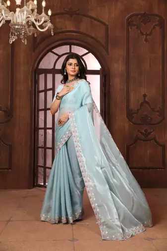 sky blue organza embroidered work saree with unstitched blouse piece