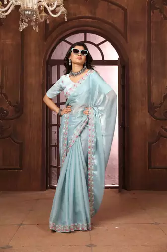sky blue organza embroidered work saree with unstitched blouse piece