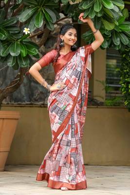 rust cotton digital print work saree with unstitched blouse piece 1