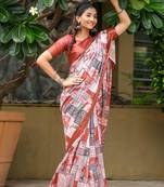 rust cotton digital print work saree with unstitched blouse piece