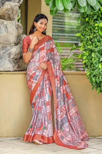 rust cotton digital print work saree with unstitched blouse piece