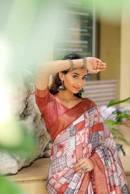 rust cotton digital print work saree with unstitched blouse piece 3