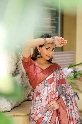 rust cotton digital print work saree with unstitched blouse piece
