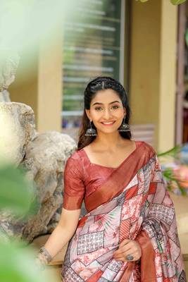 rust cotton digital print work saree with unstitched blouse piece 4