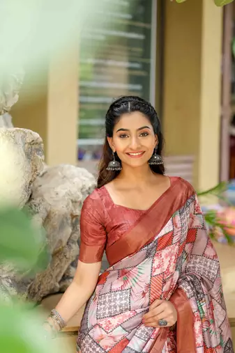 rust cotton digital print work saree with unstitched blouse piece