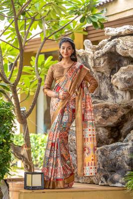 brown cotton digital print work saree with unstitched blouse piece 1