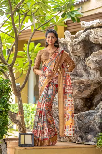 brown cotton digital print work saree with unstitched blouse piece