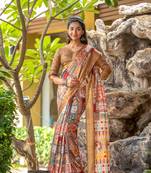 brown cotton digital print work saree with unstitched blouse piece