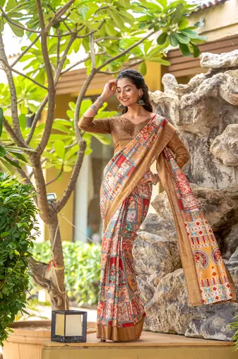 brown cotton digital print work saree with unstitched blouse piece