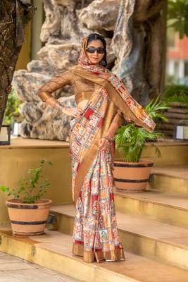 brown cotton digital print work saree with unstitched blouse piece 3