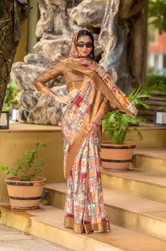 brown cotton digital print work saree with unstitched blouse piece