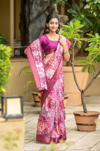 purple cotton digital print work saree with unstitched blouse piece