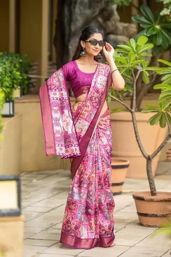 purple cotton digital print work saree with unstitched blouse piece