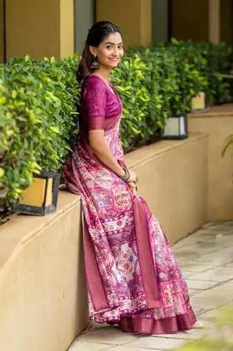 purple cotton digital print work saree with unstitched blouse piece
