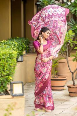 purple cotton digital print work saree with unstitched blouse piece 4
