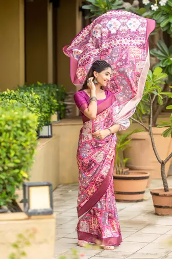 purple cotton digital print work saree with unstitched blouse piece