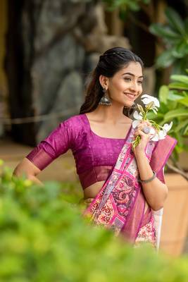 purple cotton digital print work saree with unstitched blouse piece 5