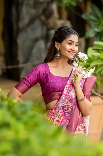 purple cotton digital print work saree with unstitched blouse piece