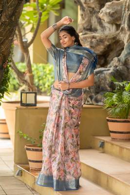 blue silk blend woven work saree with unstitched blouse piece 1