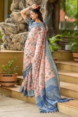 blue silk blend woven work saree with unstitched blouse piece 2