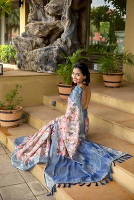 blue silk blend woven work saree with unstitched blouse piece 3