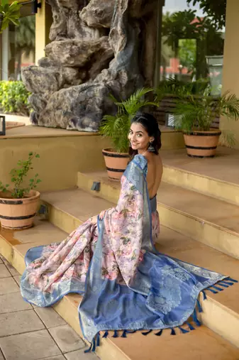 blue silk blend woven work saree with unstitched blouse piece