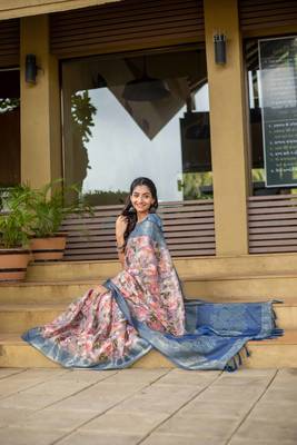 blue silk blend woven work saree with unstitched blouse piece 4