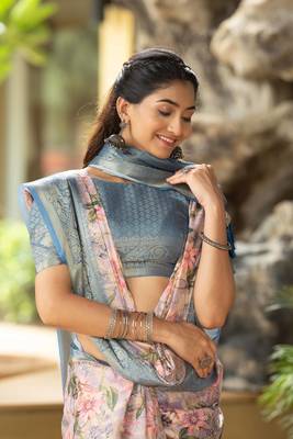 blue silk blend woven work saree with unstitched blouse piece 5