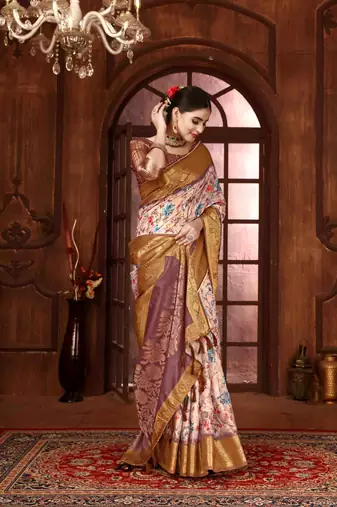 mauve silk blend woven work saree with unstitched blouse piece