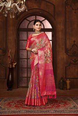 pink silk blend woven work saree with unstitched blouse piece 1