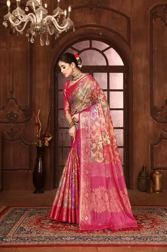 pink silk blend woven work saree with unstitched blouse piece