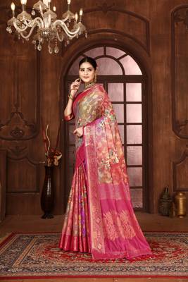 pink silk blend woven work saree with unstitched blouse piece 3