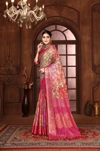 pink silk blend woven work saree with unstitched blouse piece