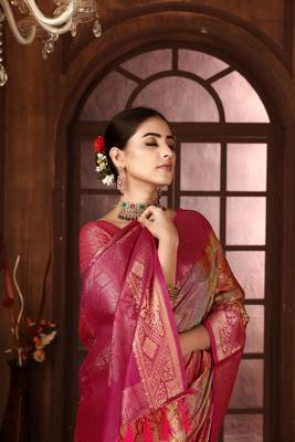 pink silk blend woven work saree with unstitched blouse piece 4