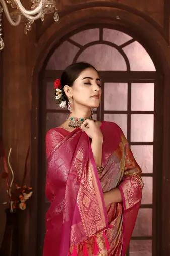 pink silk blend woven work saree with unstitched blouse piece