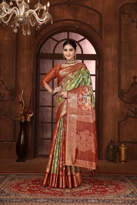 pista silk blend woven work saree with unstitched blouse piece 1