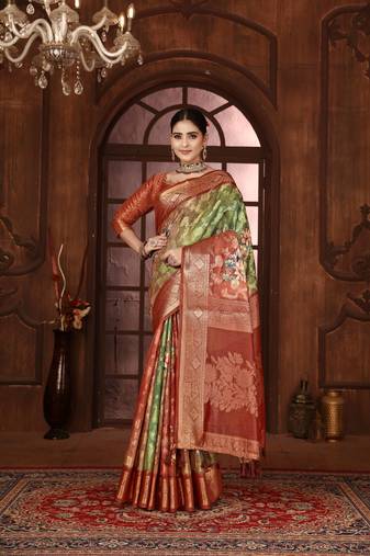 pista silk blend woven work saree with unstitched blouse piece